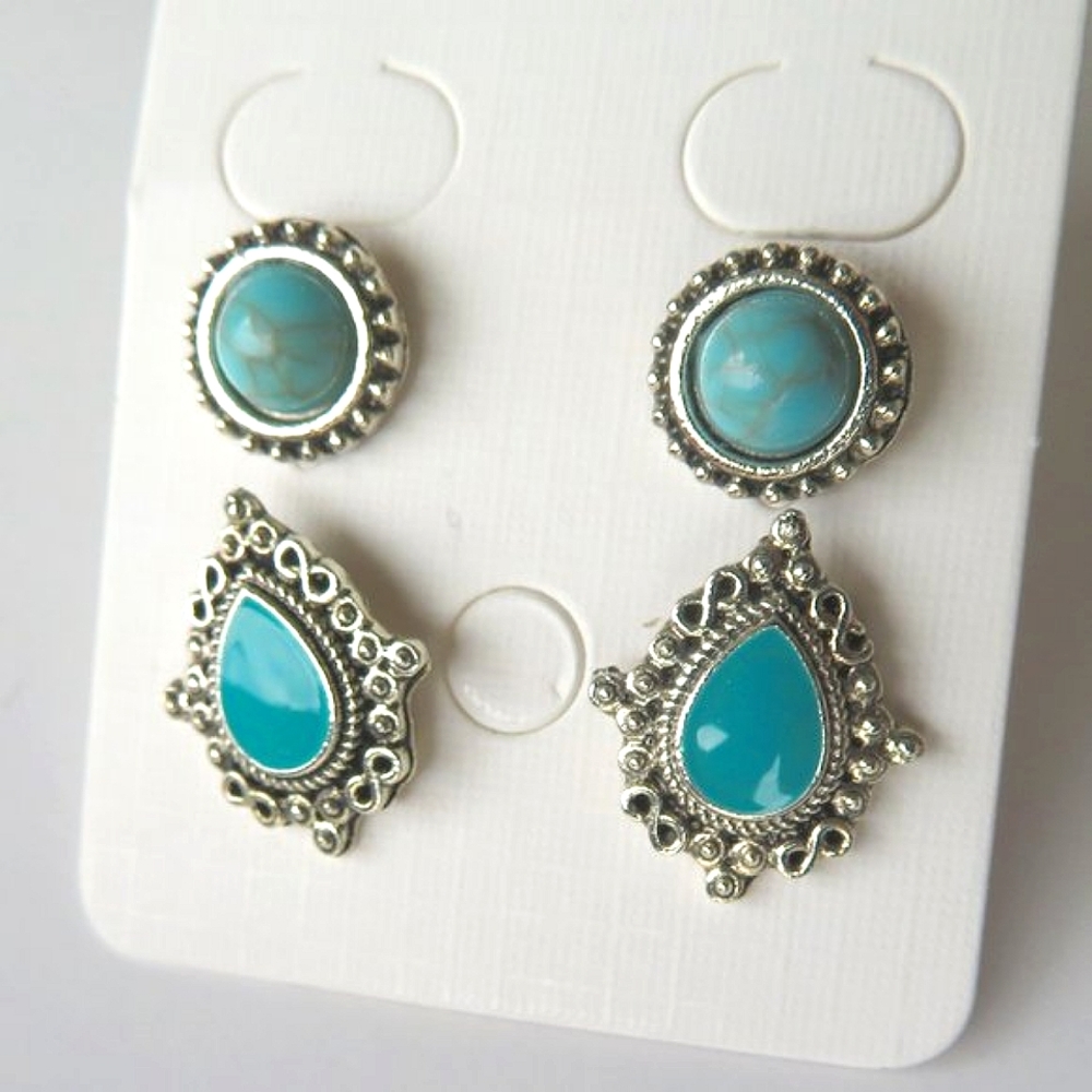 Set Of TWO Pairs Fashion Turquoise Enamel Earrings